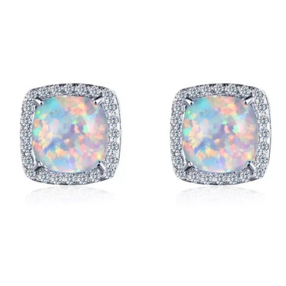 NEW White Gold White Opal Diamond Halo Earrings - Picture 4 of 6